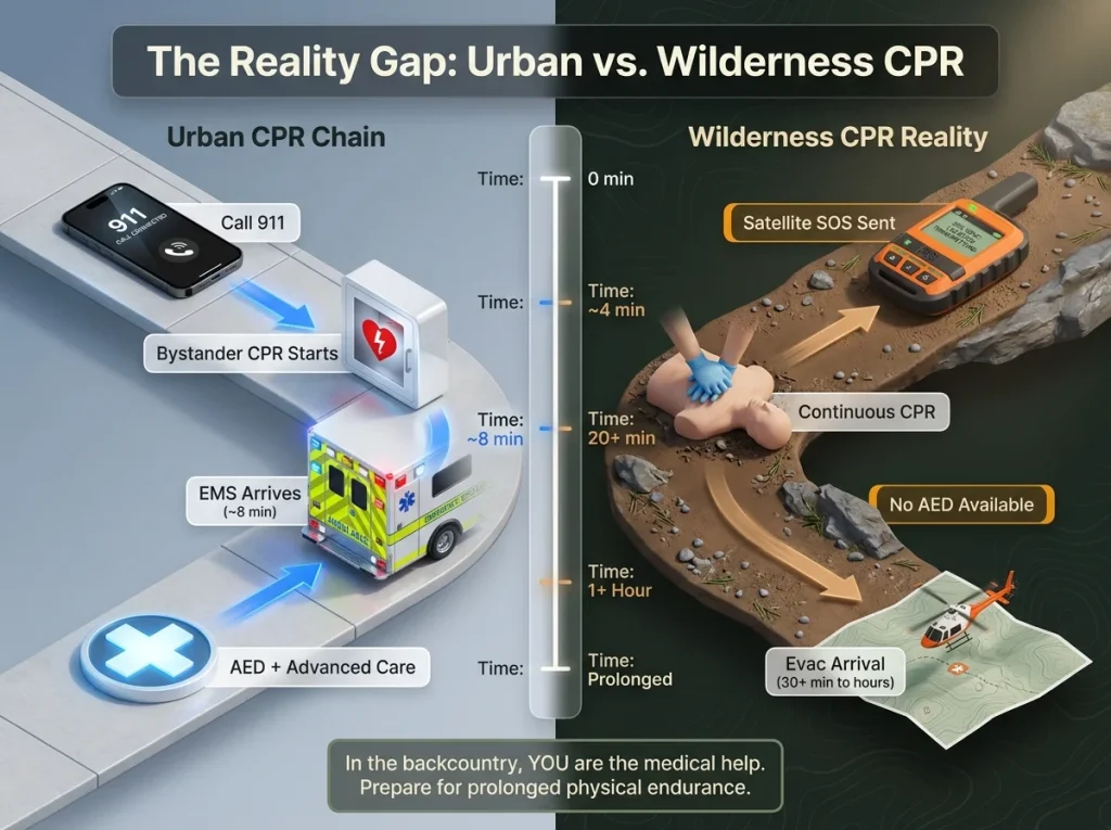 Infographic showing urban vs wilderness CPR survival chains with timelines, AED availability, and rescue delay comparisons