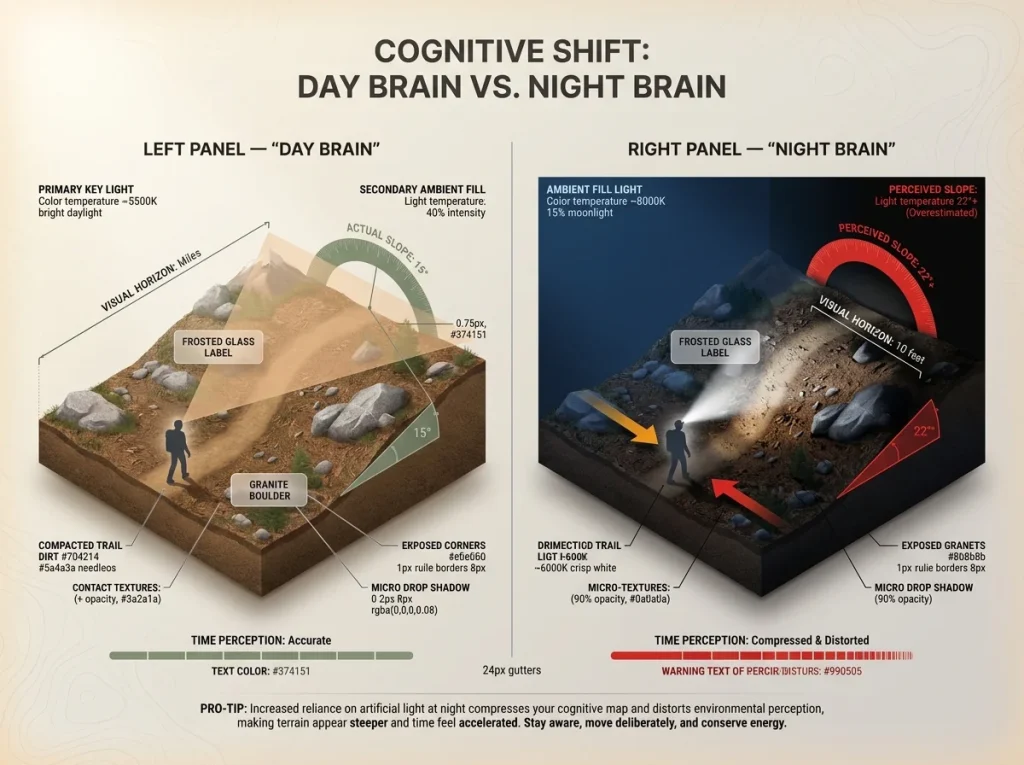 Infographic comparing day and night hiking navigation with labeled slope angles, distance perception, and time distortions