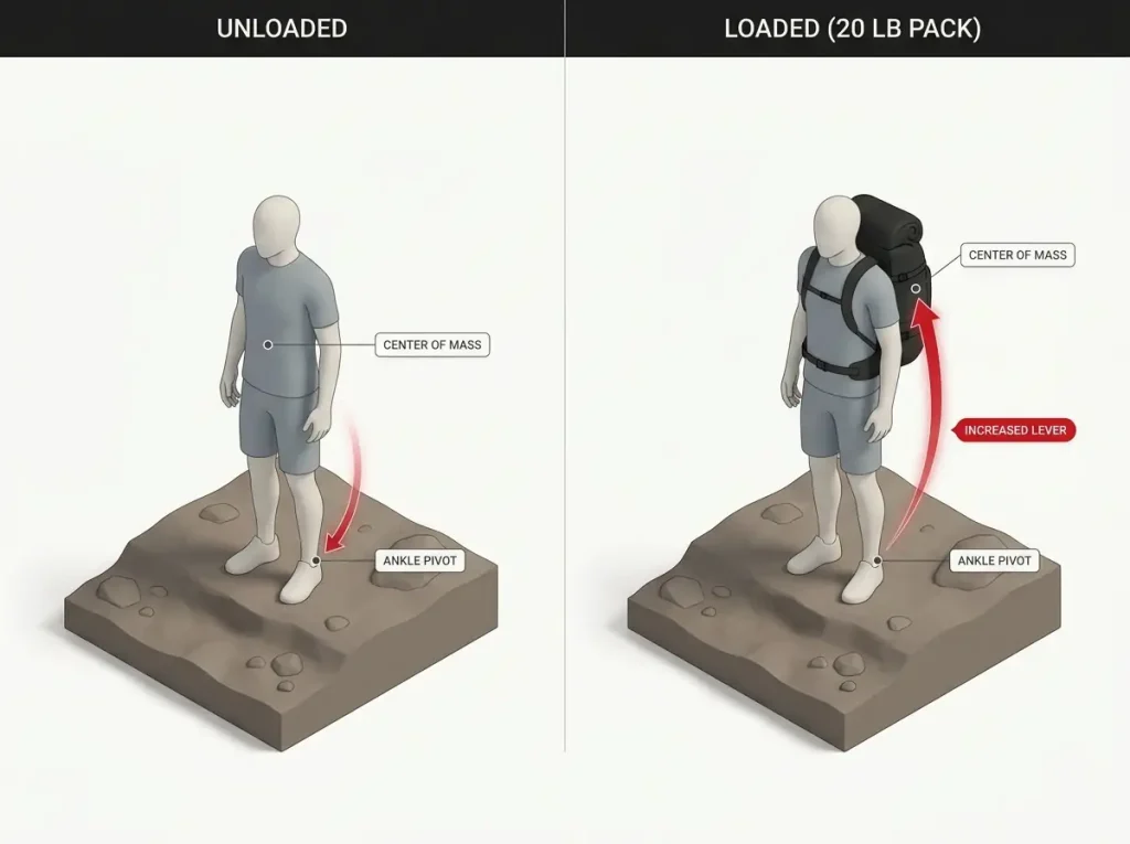 Diagram showing a hiker's center of mass and ankle lever unloaded versus with a 20-pound daypack on uneven ground