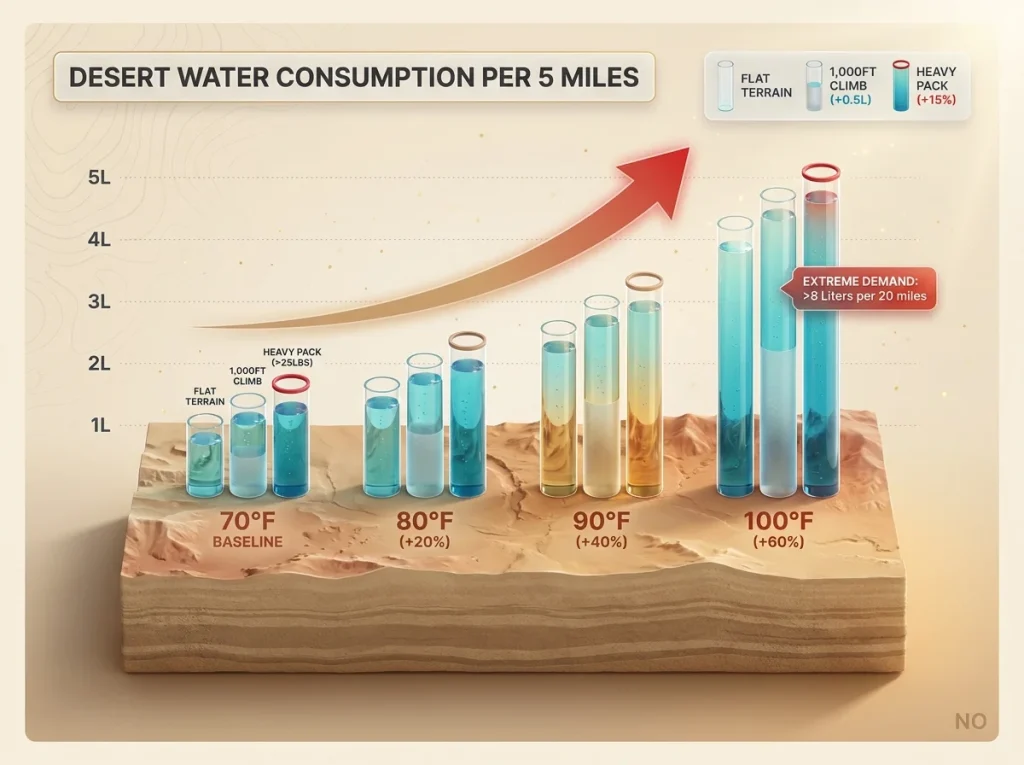 Infographic chart showing desert hiking water consumption by temperature with flat, climbing, and heavy pack variables