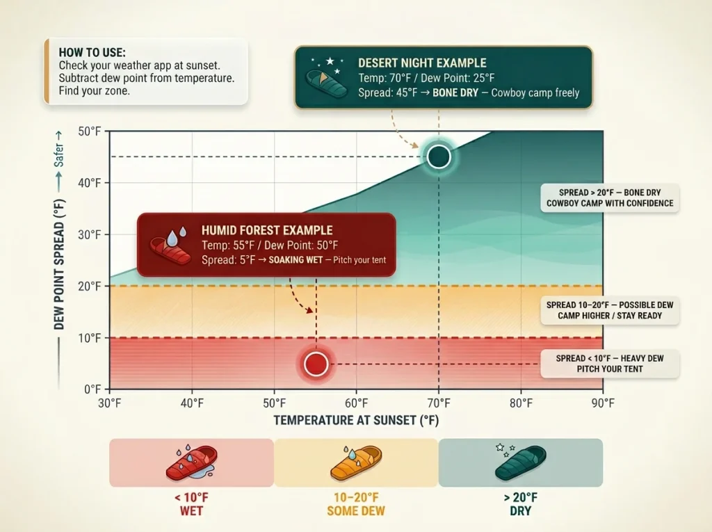 Temperature vs dew point spread graph with labeled safe, caution, and wet zones and real-world desert and forest camping examples
