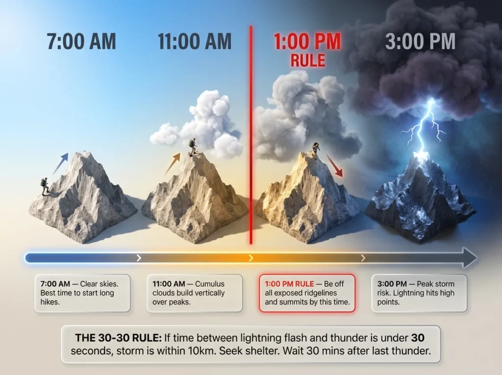 Infographic timeline showing Dolomites summer thunderstorm progression, the 1 PM rule, and 30-30 lightning rule
