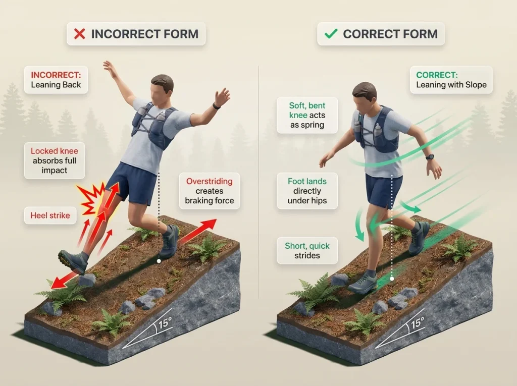 Infographic showing incorrect leaning back versus correct forward lean technique for downhill trail running