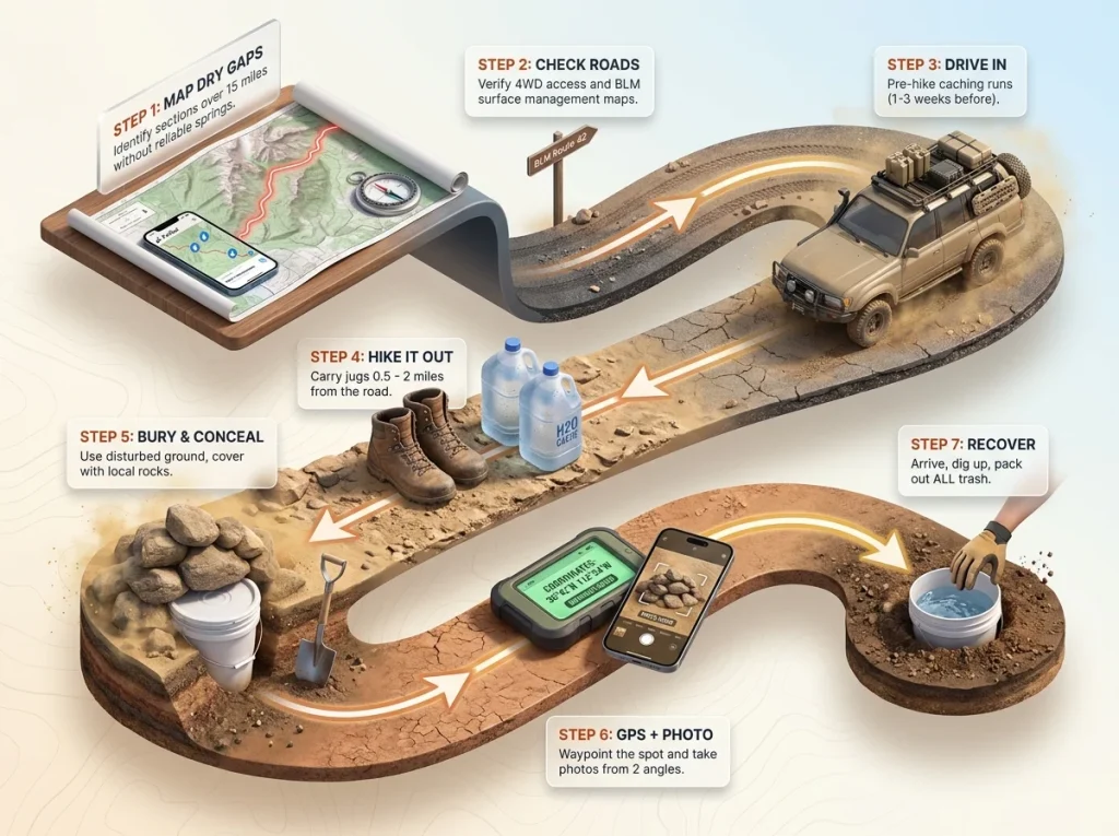 Infographic flowchart showing the 7 steps to safely drive, drop, and document a desert water cache