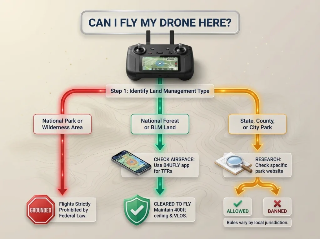 Flowchart infographic showing a decision tree for checking if drone flights are legal based on land management type