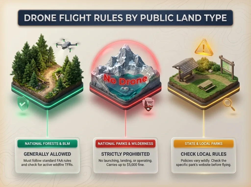 Infographic showing drone flight rules by public land type with color-coded 3D terrain islands and policy summaries