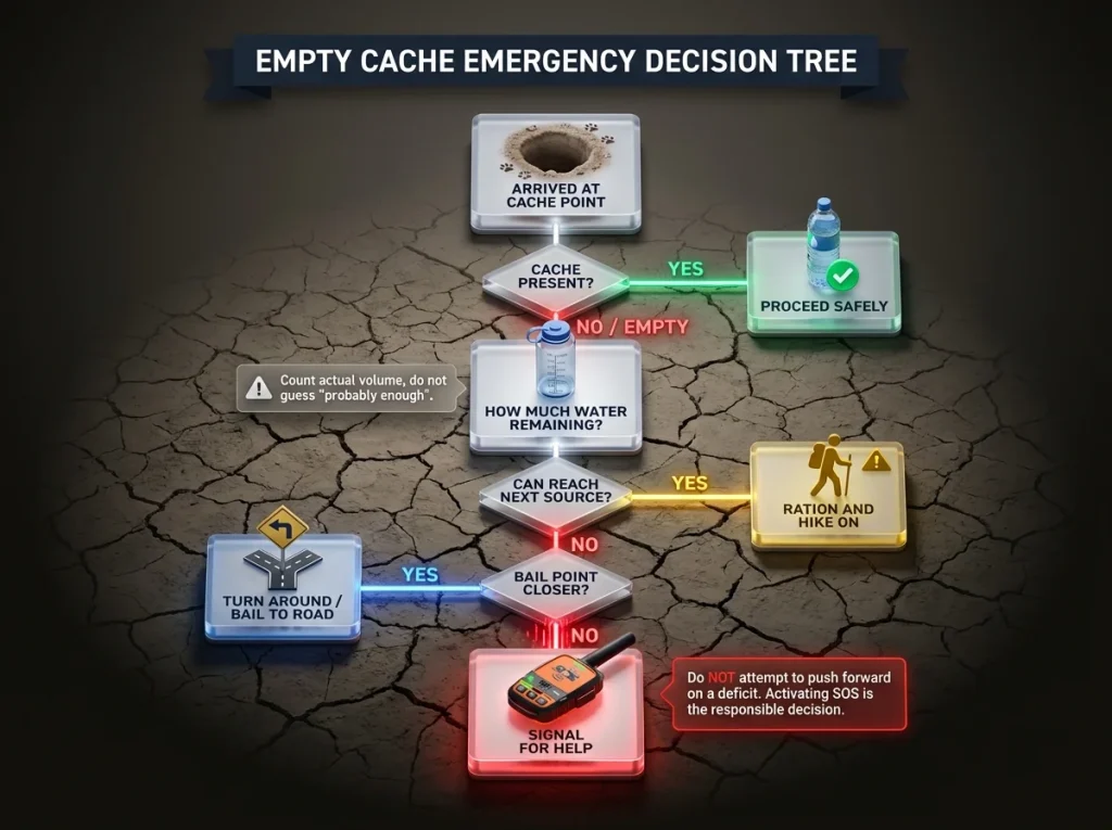 Infographic flowchart decision tree showing what to do if a desert water cache is empty