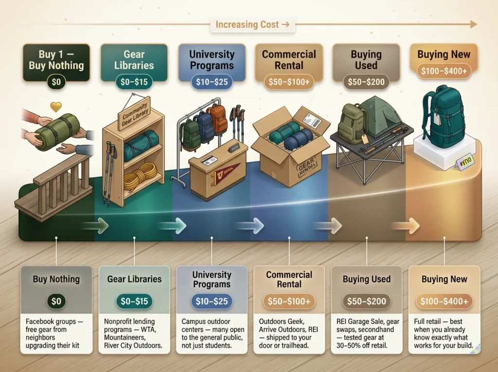 Infographic showing hiking gear access spectrum from free options to full retail with cost ranges and descriptions