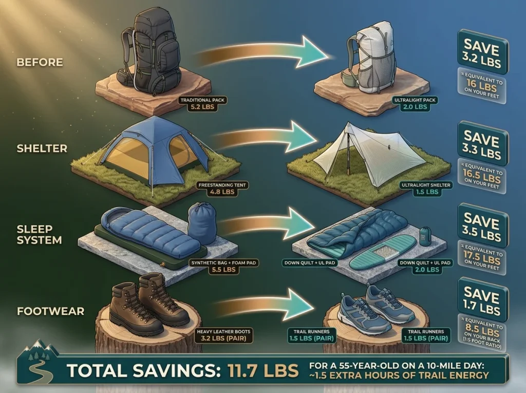 Infographic showing big three gear weight savings for hikers over 50 with before-after weights and energy equivalents