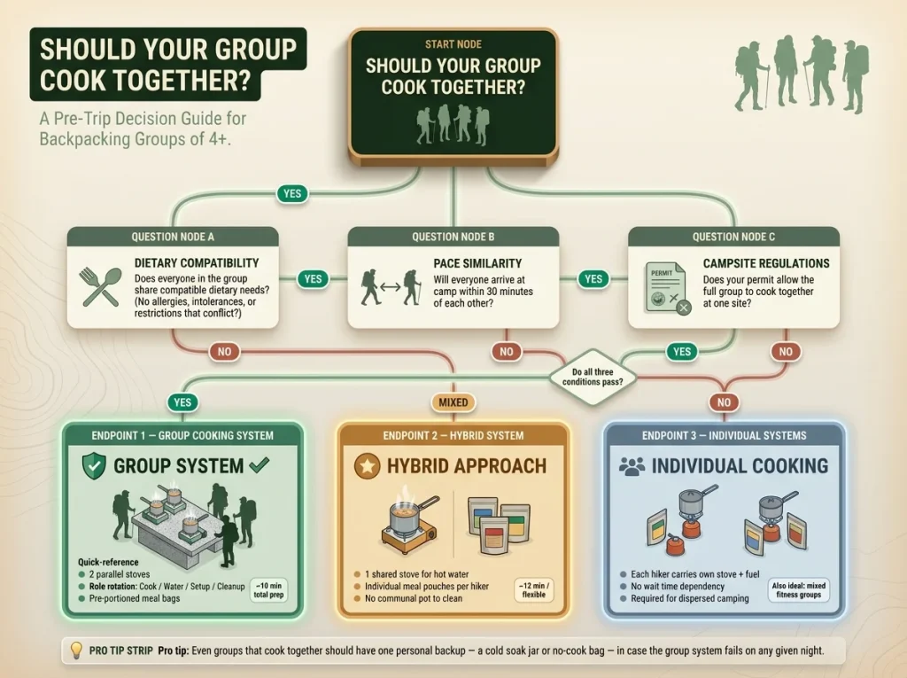 Infographic decision tree for group backpacking cooking showing branching questions on diet, pace, and regulations with system recommendations