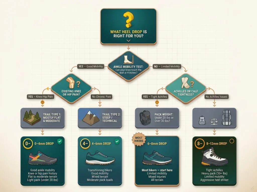 Decision tree infographic guiding hikers to their ideal heel drop range based on ankle mobility, injury history, terrain, and pack weight
