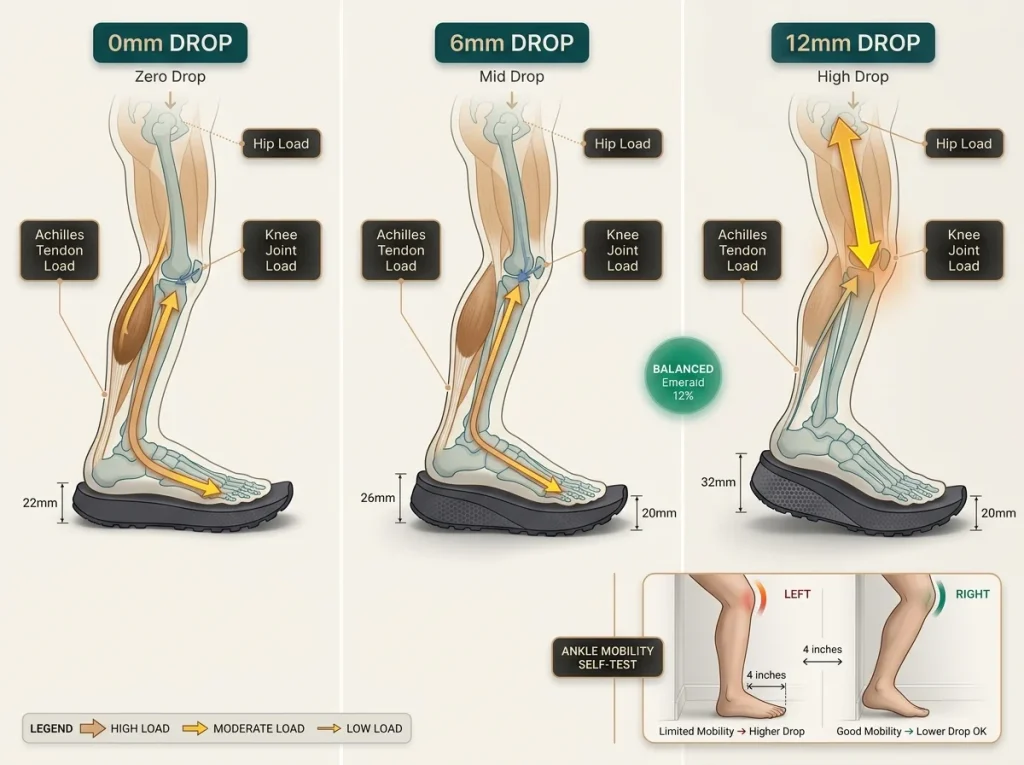 Infographic showing force distribution through lower body at 0mm, 6mm, and 12mm heel drop with ankle mobility wall test inset