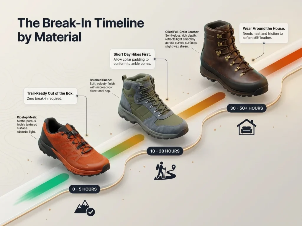 Infographic timeline showing break-in hours for mesh, hybrid, and leather hiking footwear