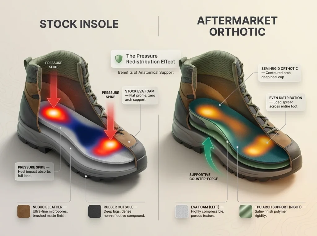 Infographic showing a hiking boot cross-section comparing flat stock vs supportive orthotic insoles with pressure distribution