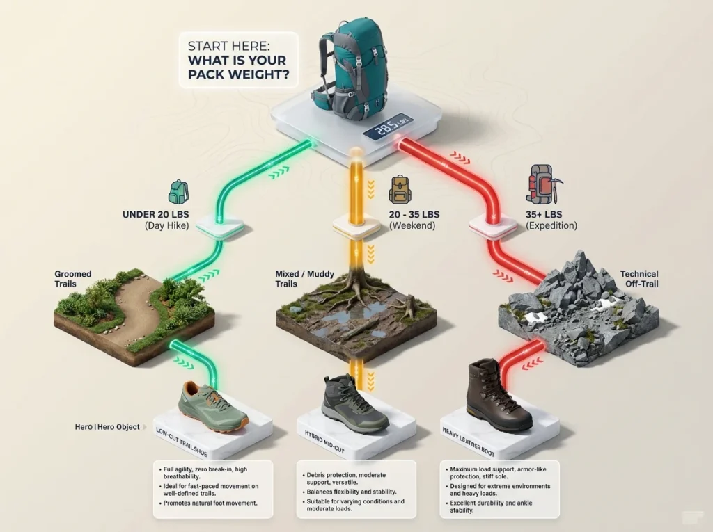 Decision flowchart for choosing hiking boots based on pack weight and trail terrain type