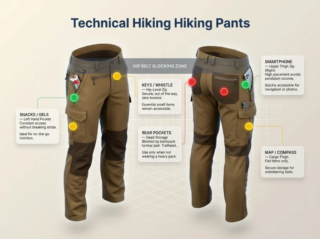 Infographic showing front and back views of technical hiking pants with color-coded pocket assignments for phones, snacks, and keys