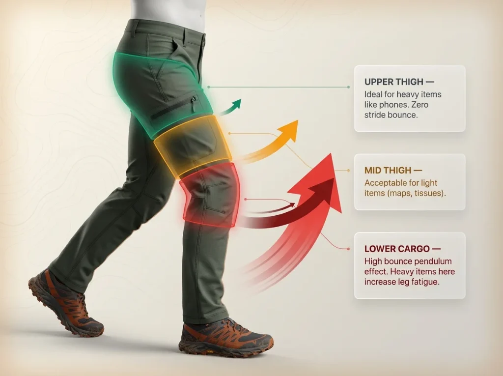 Infographic showing hiker leg profile with three colored pocket zones teaching the pendulum effect on stride and heavy item placement