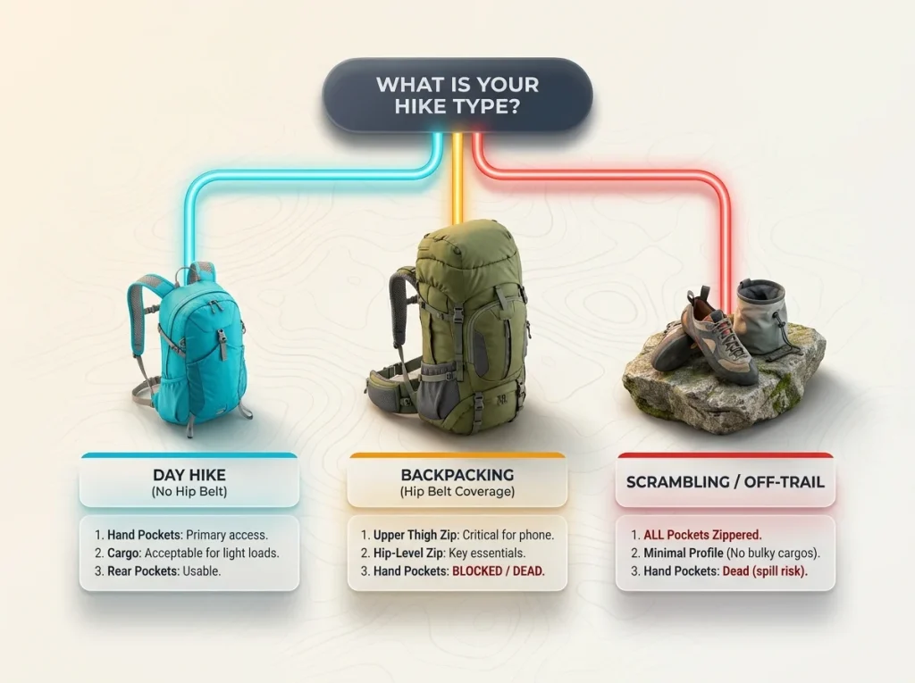Infographic decision flowchart branching from hike type to ideal pocket priorities for day hiking, backpacking, and scrambling