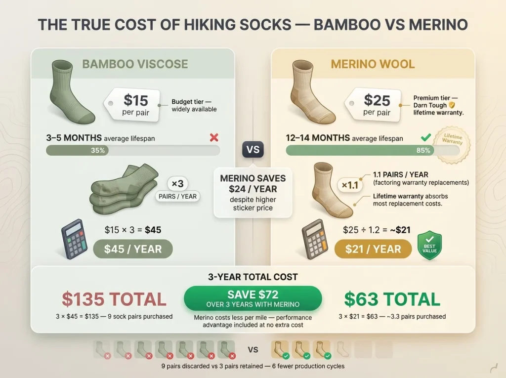 Infographic comparing bamboo vs merino hiking sock annual cost showing $45 vs $21 per year with 3-year total savings