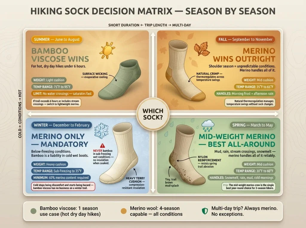 Four-quadrant seasonal matrix showing recommended sock fiber, weight, and use case for Summer, Fall, Winter, and Spring hiking