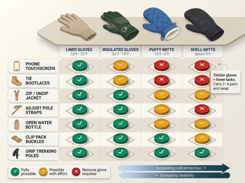 Infographic matrix showing 7 hiking tasks mapped against 4 glove types with green, yellow, and red feasibility indicators