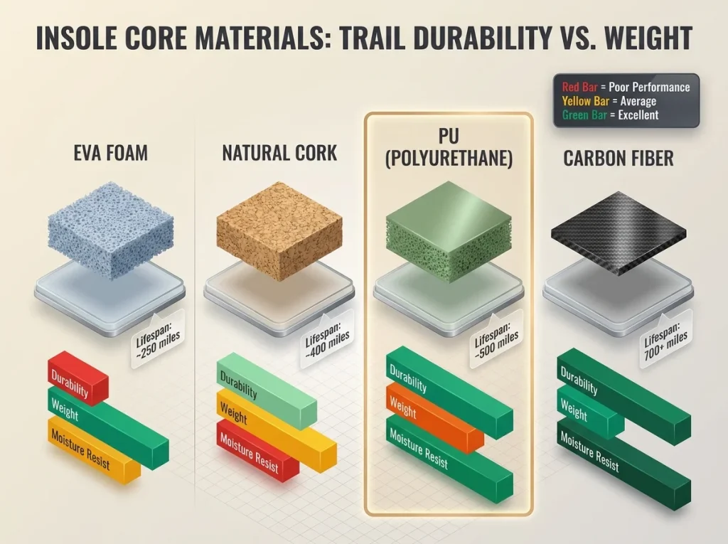 Infographic chart comparing hiking insole materials EVA, Cork, PU foam, and Carbon Fiber by durability and weight