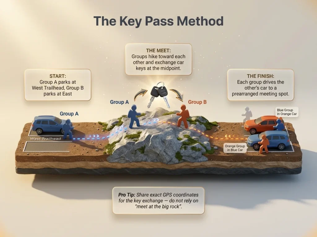 Infographic diagram showing two hiking groups exchanging car keys in the middle of a point-to-point trail