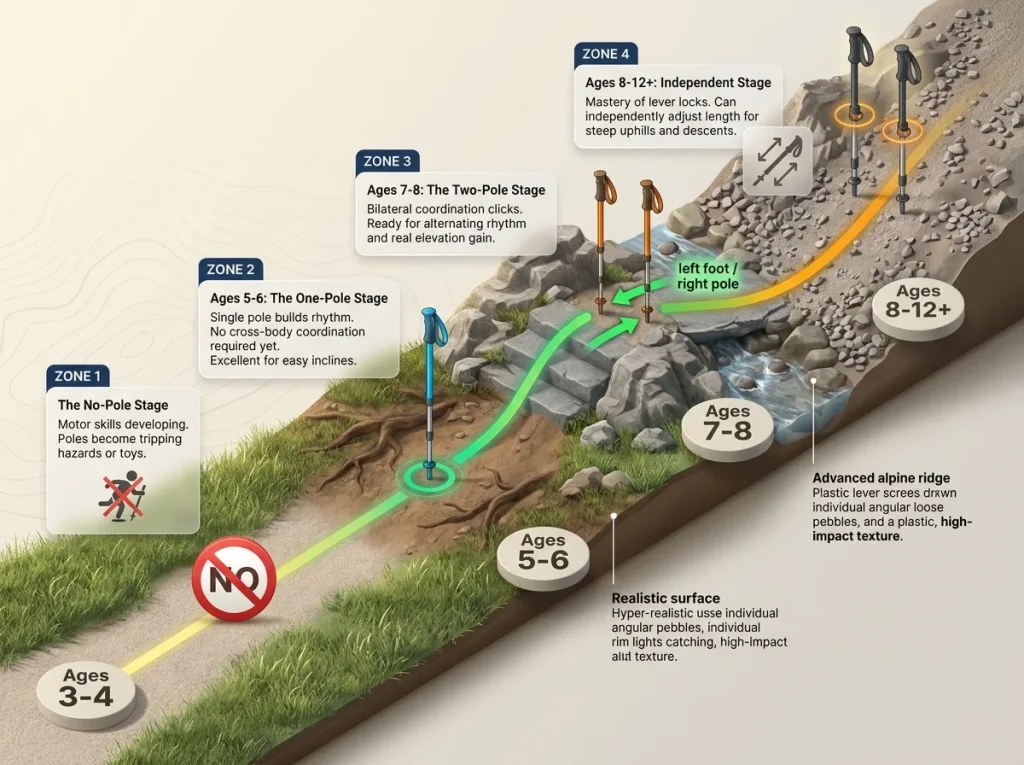 Infographic showing kids trekking pole readiness timeline from ages 3 to 12 charting coordination stages and terrain types