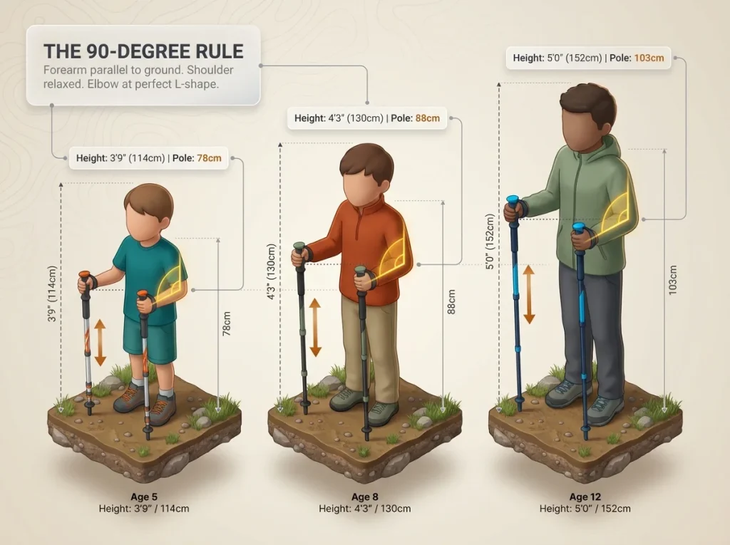 Infographic showing kid trekking pole sizing chart with child silhouettes at different heights and perfectly matched pole lengths