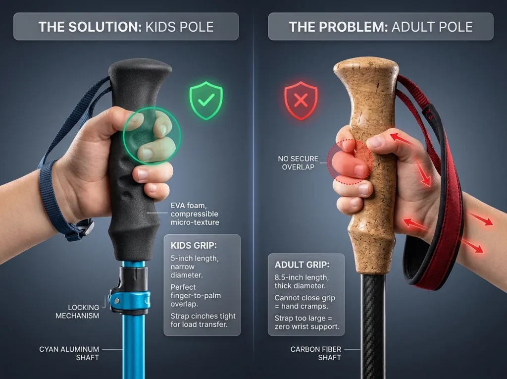Infographic comparing a kid trekking pole grip versus an adult grip showcasing the size differences and materials