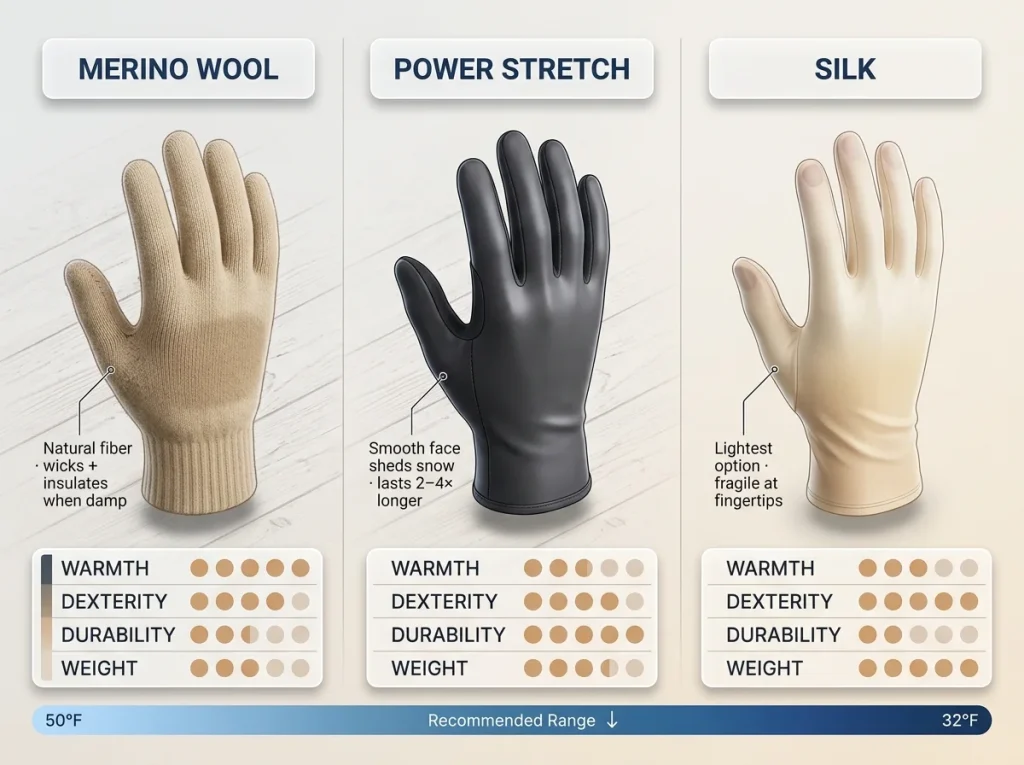 Infographic comparing merino wool, Power Stretch fleece, and silk liner gloves with warmth, dexterity, durability, and weight ratings