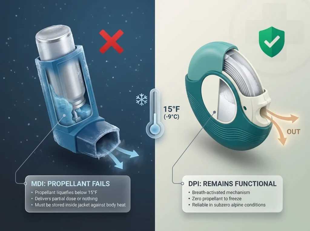 Infographic comparing MDI and DPI inhalers showing why propellant fails in cold weather while dry powder remains functional