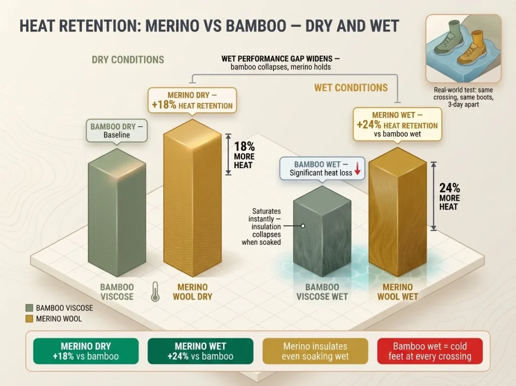 Bar chart comparing merino vs bamboo heat retention dry and wet with 18% and 24% gaps labeled and color-coded results
