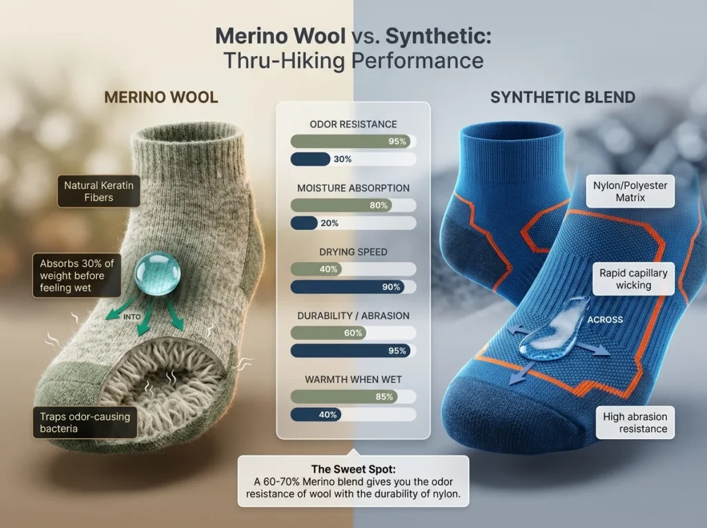 Infographic comparing merino wool and synthetic hiking socks across five performance metrics with charts and macro details.