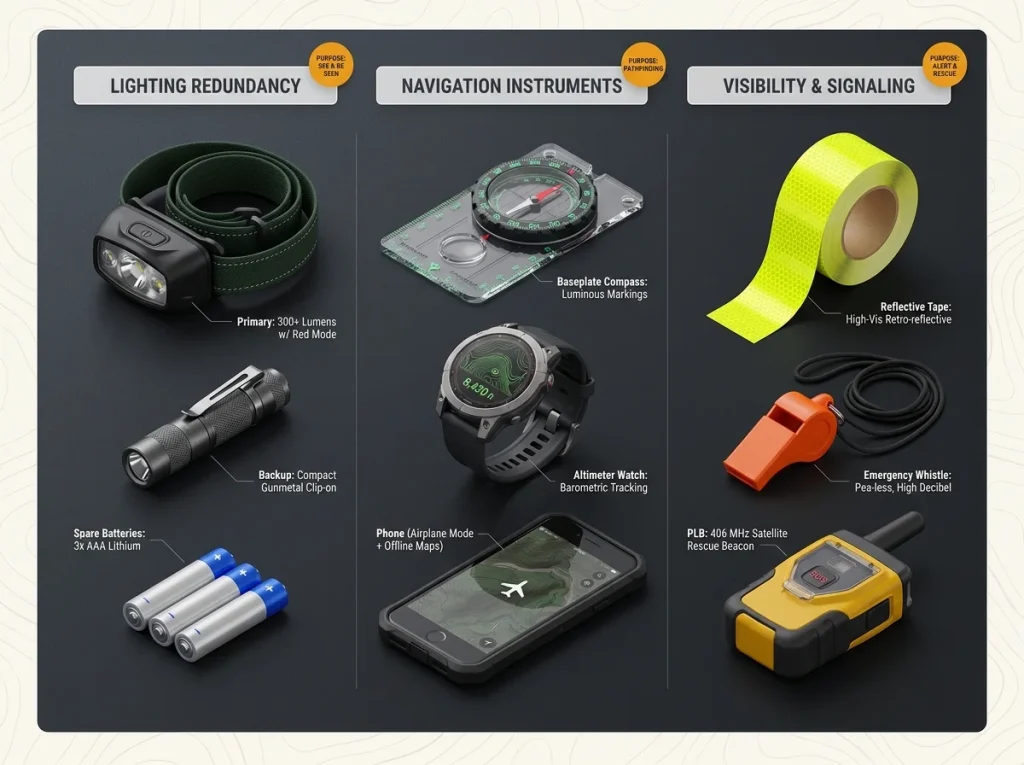 Infographic showing a night navigation kit organized by lighting, navigation, and visibility redundancy tools