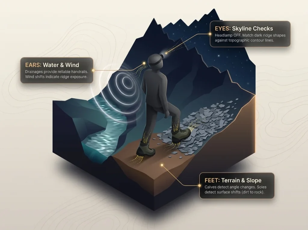 Infographic showing a multi-sensory night navigation map with labeled focal points for feet, ears, and skyline silhouettes