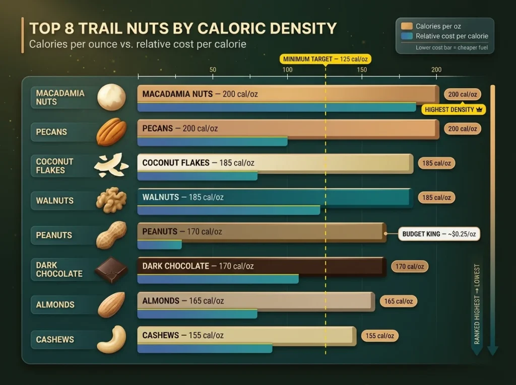 Comparison chart of top 8 trail nuts ranked by calories per ounce with price-per-calorie bar overlay showing density vs cost tradeoff