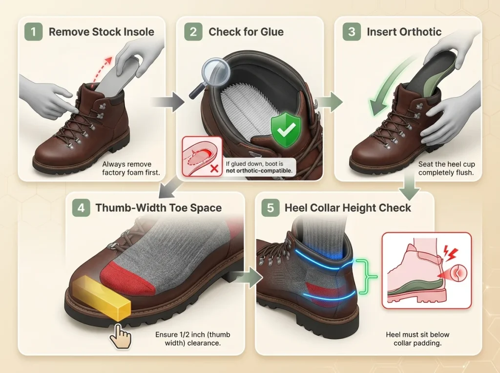 Infographic showing 5 steps for fitting orthotics in hiking boots including removing stock insoles and checking heel height