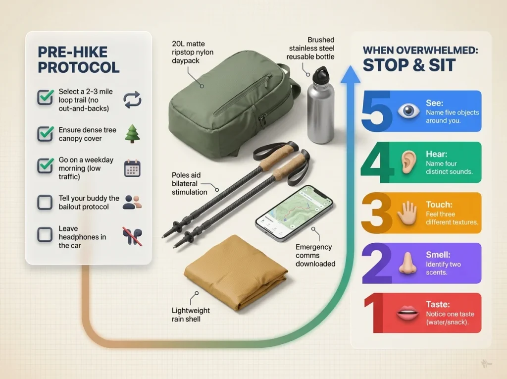 Infographic showing preparation checklist and the 5-4-3-2-1 grounding technique for a veteran's first hike