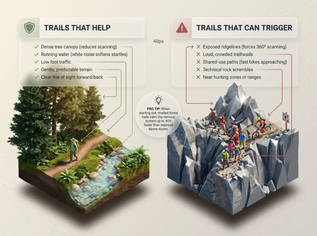 Infographic showing side-by-side comparison of therapeutic forest trails versus triggering exposed hiking routes