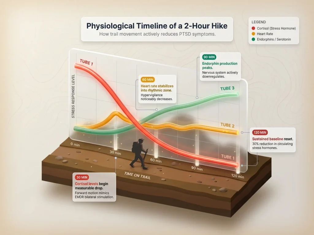 Infographic showing cortisol and heart rate reduction during a 2-hour hike with physiological milestone labels