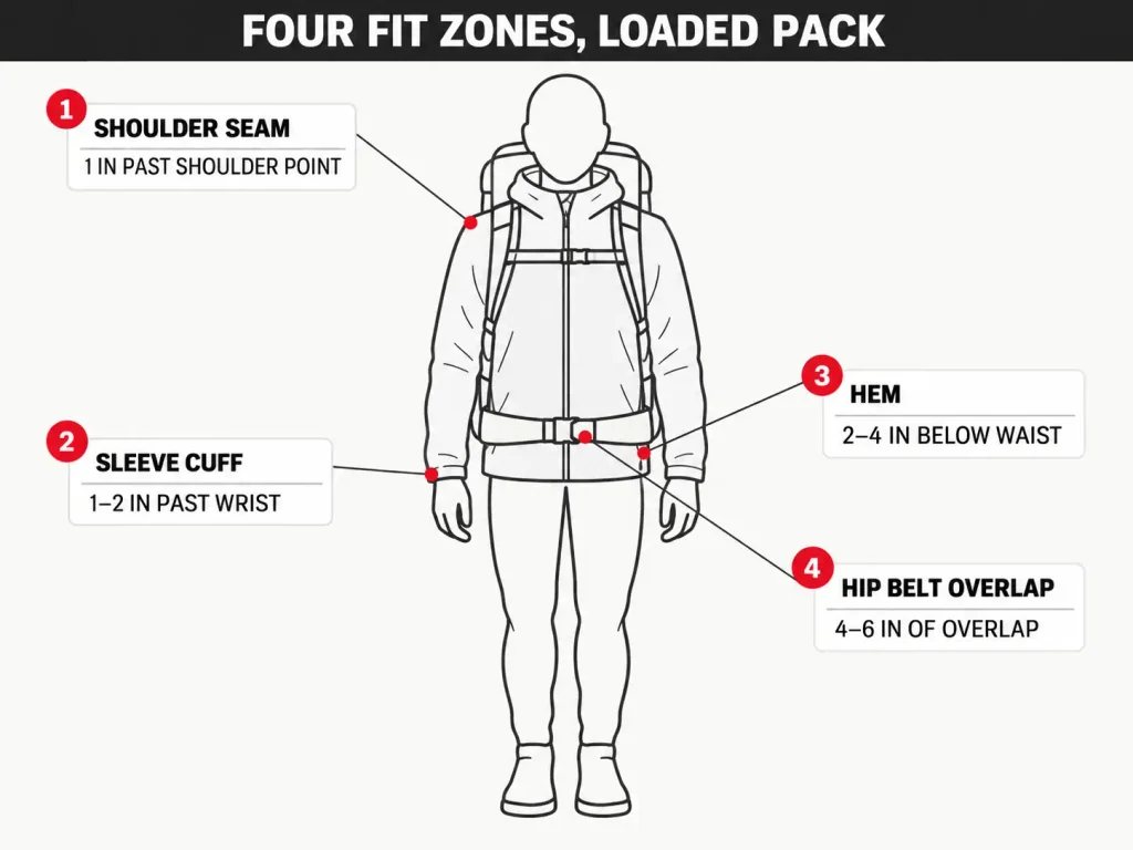 Diagram of four rain jacket fit zones over a loaded pack — shoulder seam, sleeve, hem, and hip belt overlap