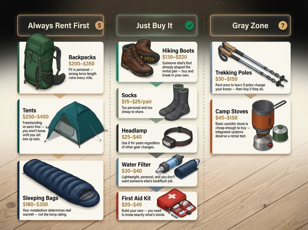 Three-column hiking gear chart showing always rent first, just buy it, and gray zone items with costs and reasoning