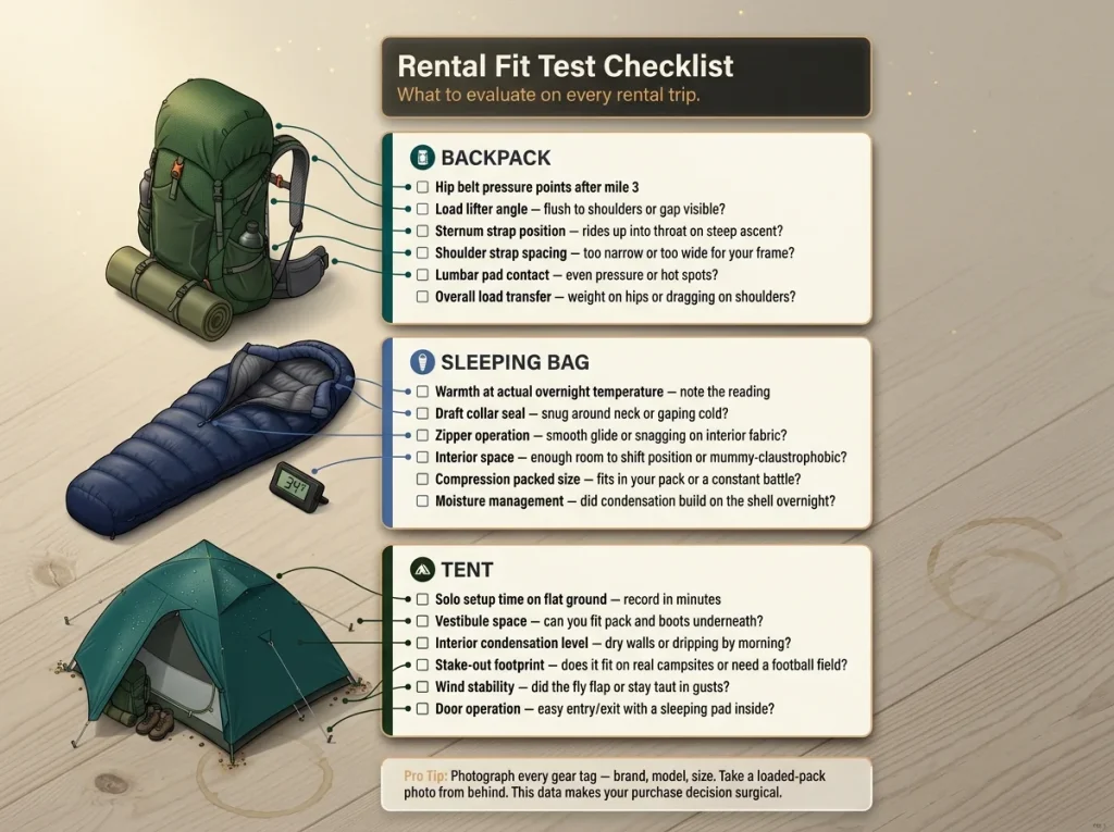 Rental fit test checklist organized by gear type with evaluation criteria for backpacks, sleeping bags, and tents