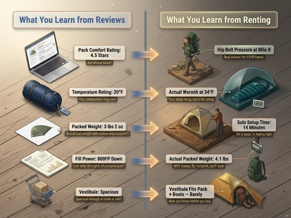 Infographic comparing what you learn from online reviews versus renting hiking gear with labeled examples for each column