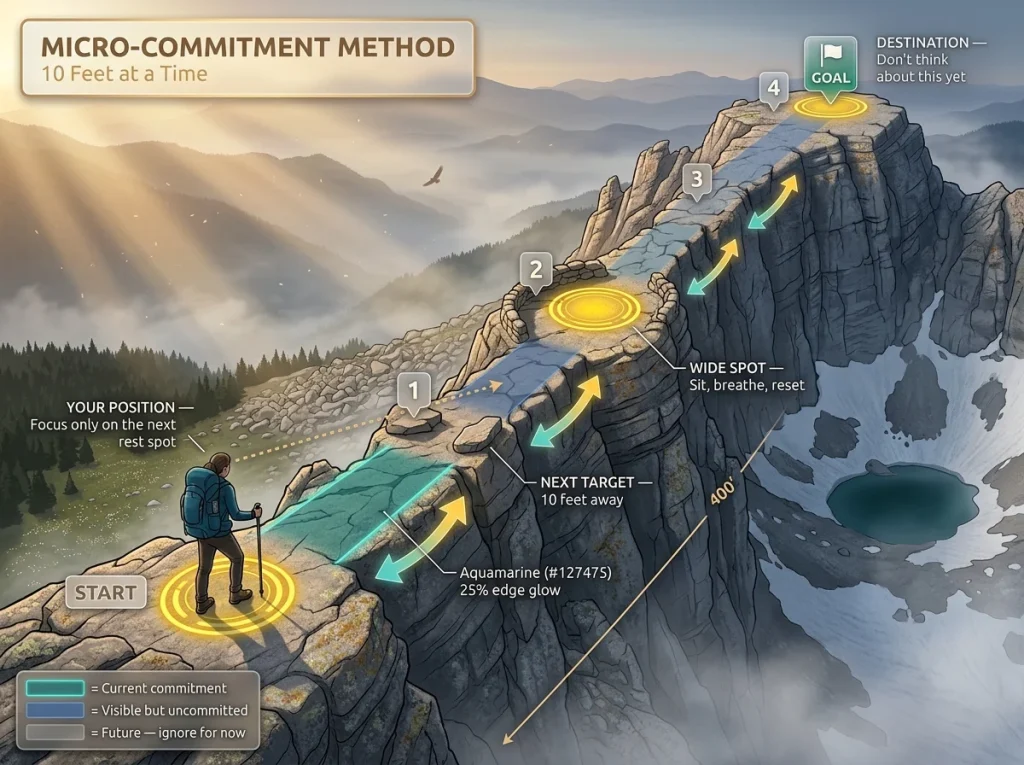 Overhead diagram of ridge trail divided into five micro-commitment segments with numbered rest spots and hiker position