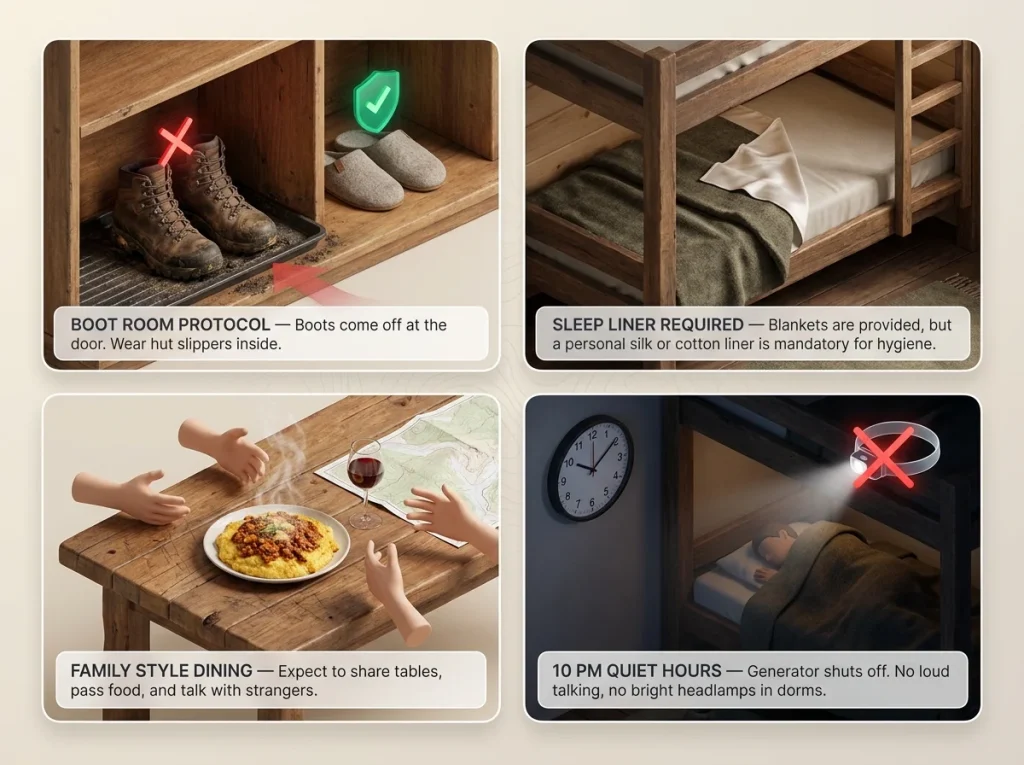 Infographic showing 4 rules of mountain rifugio etiquette including boot rooms, sleep liners, and quiet hours