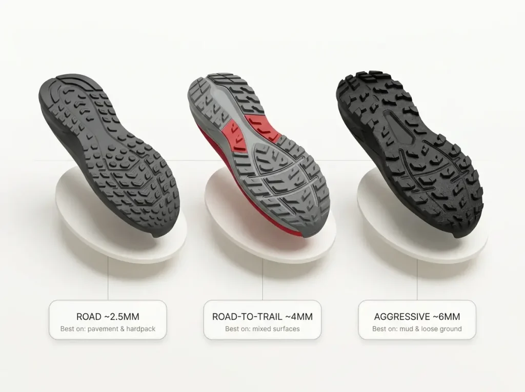 Infographic comparing three shoe outsoles by lug depth — road, road-to-trail, and aggressive — with best-use captions
