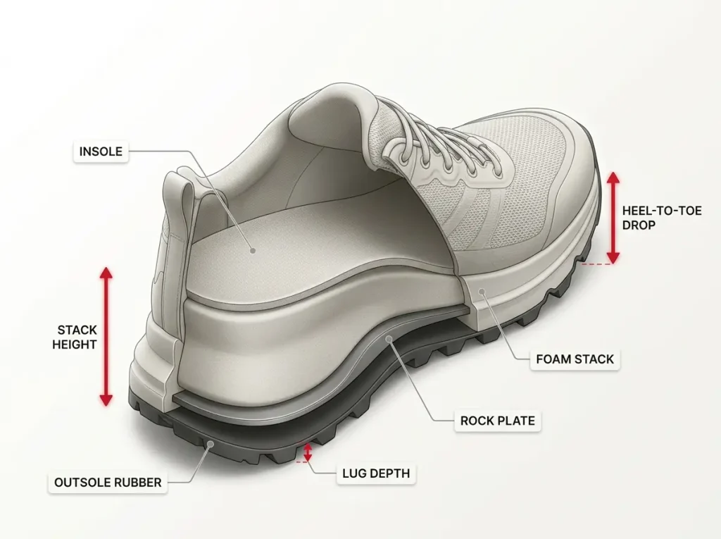Labeled cross-section of a road-to-trail shoe midsole showing outsole, lugs, rock plate, foam stack, insole, stack height, and drop