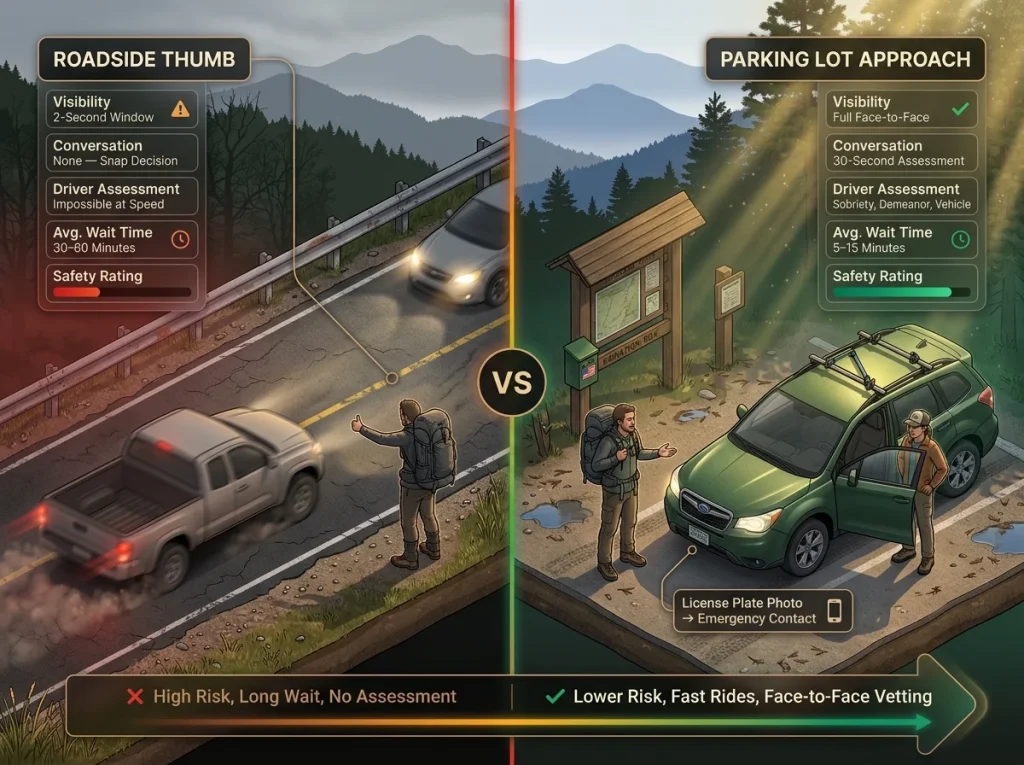 Infographic comparing roadside thumb vs parking lot approach for hitchhiking with safety factors and wait times